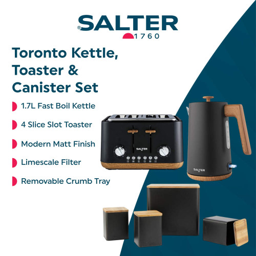 Banner for Salter Toronto kettle, toaster, and canister set in matt black with wood accents.