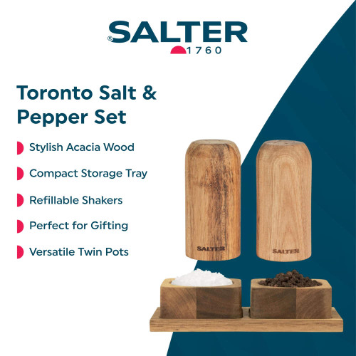 Acacia wood salt and pepper set with twin storage pots and tray, refillable, by Salter.