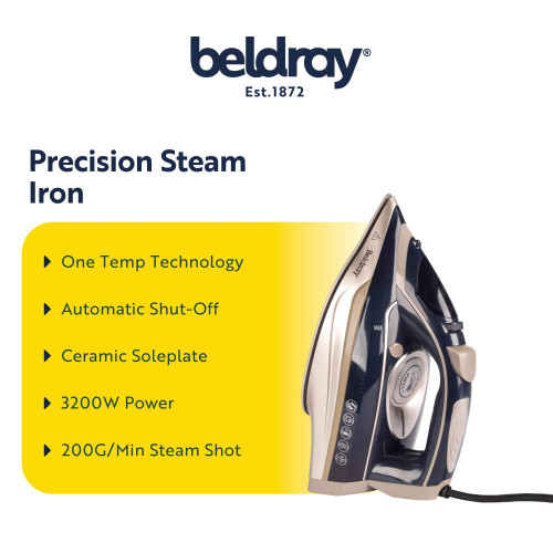 Gold and navy Beldray Precision Steam Iron with ceramic soleplate, 3200W, shown upright.