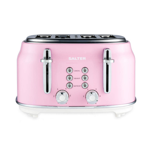 Pink four-slice toaster with chrome controls, front view