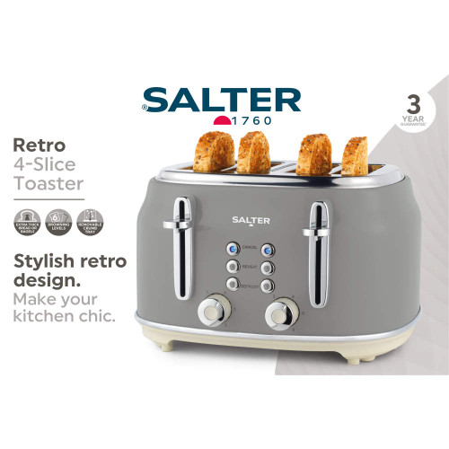 Grey retro 4-slice toaster with chrome accents and toasted bread, kitchen appliance.