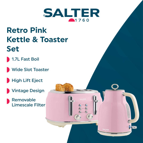 Salter retro pink kettle and toaster set, vintage design, wide slot toaster and 1.7L fast boil kettle.