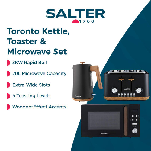 Salter Toronto black kettle, toaster and microwave set with wooden-effect accents, shown in product bundle image.