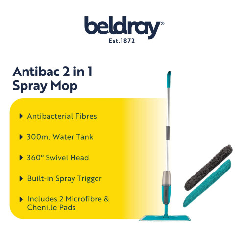 Antibacterial 2 in 1 spray mop with 300ml tank, 360° swivel head, and 2 cleaning pads.