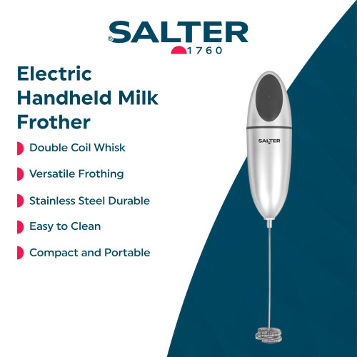 Salter electric handheld milk frother, silver, with double coil whisk, compact design.