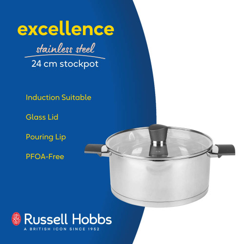 Stainless steel 24cm stockpot with glass lid and pouring lip, induction suitable.