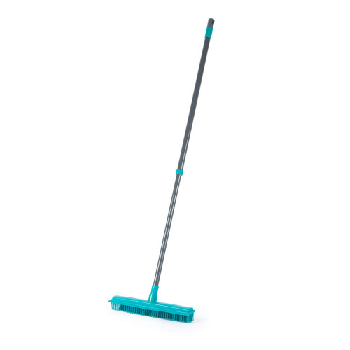 Blue rubber broom with bristles and long grey handle, shown on white background