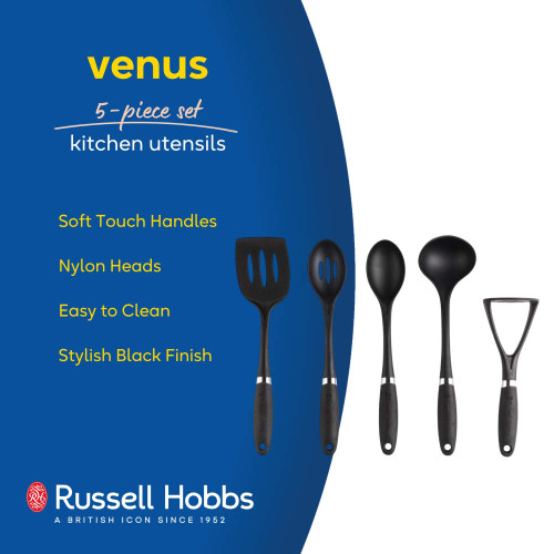 Set of 5 black kitchen utensils with soft touch handles and nylon heads
