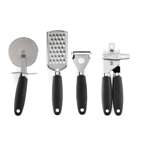 Set of four stainless steel kitchen tools with black handles: pizza cutter, grater, peeler, can opener.