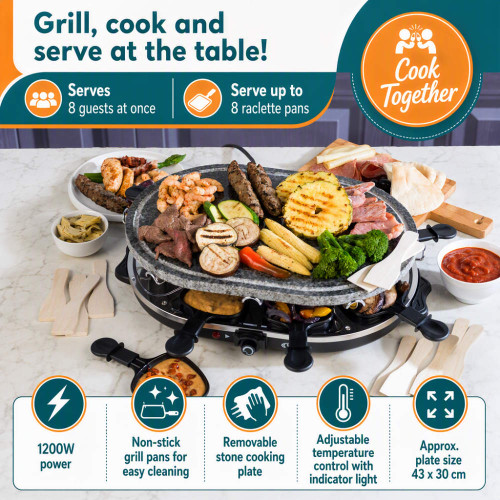 Raclette grill with stone plate, pans and food; serves 8, 1200W