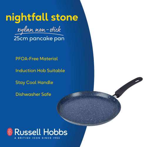 Blue 25cm non-stick pancake pan with black handle, shown with key features for UK shoppers