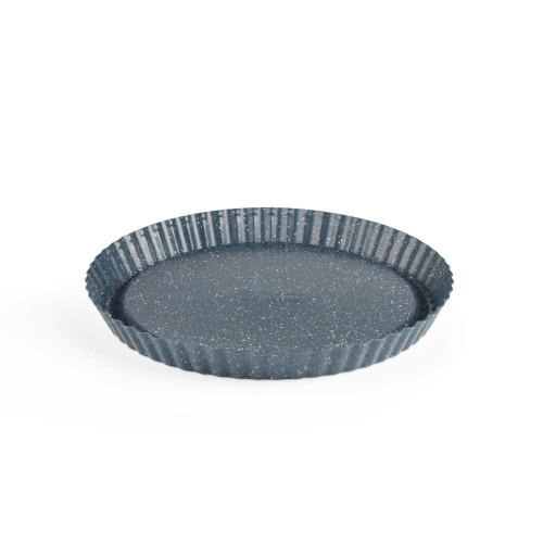 Round blue speckled tart tin with fluted edge, shown empty on white background