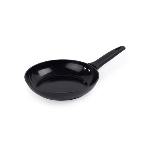 Black non-stick frying pan with handle, shown from above on white background
