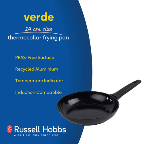Black 24cm Russell Hobbs frying pan with thermocollar, PFAS-free, induction compatible.