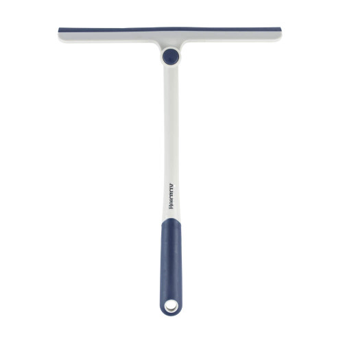 Blue and white window squeegee with hanging hole, shown on white background