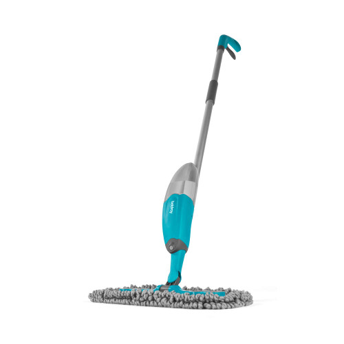 Blue and grey spray mop with a microfibre pad, shown upright on white background