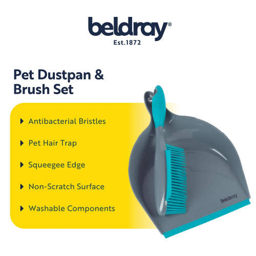 Grey and turquoise pet dustpan and brush set with antibacterial bristles and pet hair trap