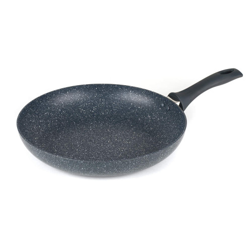 Black marble-effect non-stick frying pan with ergonomic handle, shown from the side.