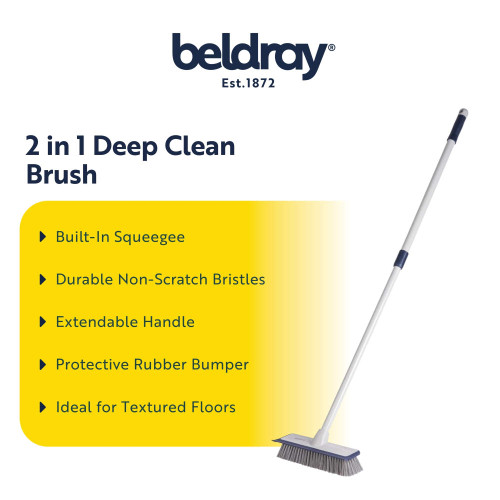2 in 1 deep clean brush with blue handle and built-in squeegee, suitable for textured floors