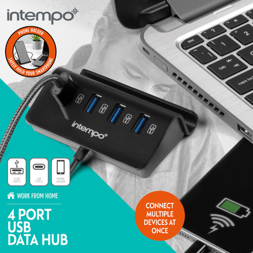 Intempo 4 Port USB Data Hub and Phone Holder, Connect Multiple Devices at Once, Portable USB Adapter Compatible With Most Laptops & Computers, Type-C Connector  EE6125BLKSTKEU7 5054061461442 