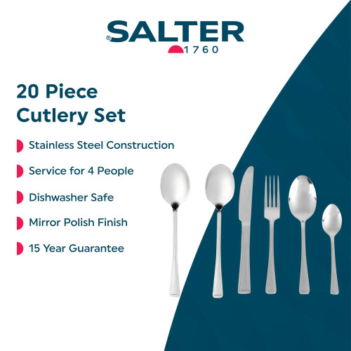 Banner image showing six-piece stainless steel cutlery set with key features listed.
