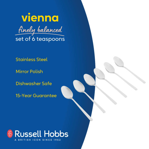 Set of 6 stainless steel teaspoons, mirror polished, with 15-year guarantee.