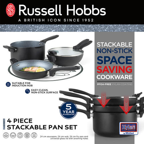 Russell Hobbs 4 Piece Stackable Non-Stick Pan Set, Induction Suitable, Easy Clean, Space Saving Design  RH01840EU7 5054061315882 