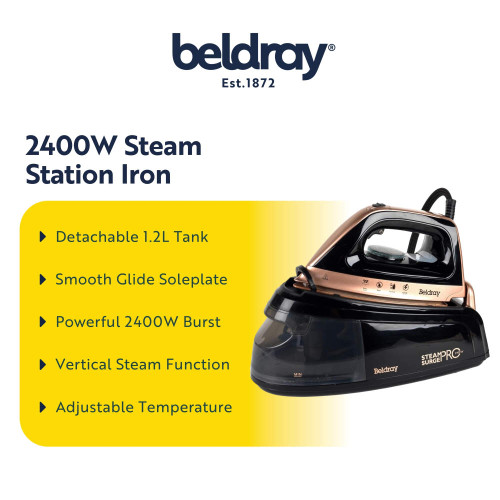 Rose gold steam station iron with detachable tank and vertical steam, from Beldray.