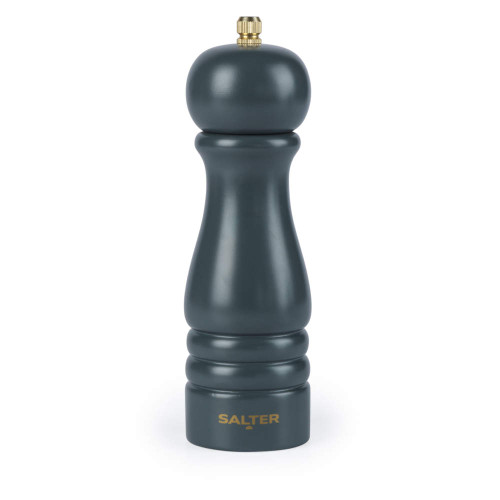 Dark grey wooden pepper mill with gold top, Salter logo on base.