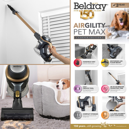 Beldray Copper Airgility Pet Max 2-in-1 Multi-Surface Stick & Handheld Vacuum Cleaner
