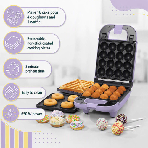 Purple cake pop maker with interchangeable doughnut and waffle plates