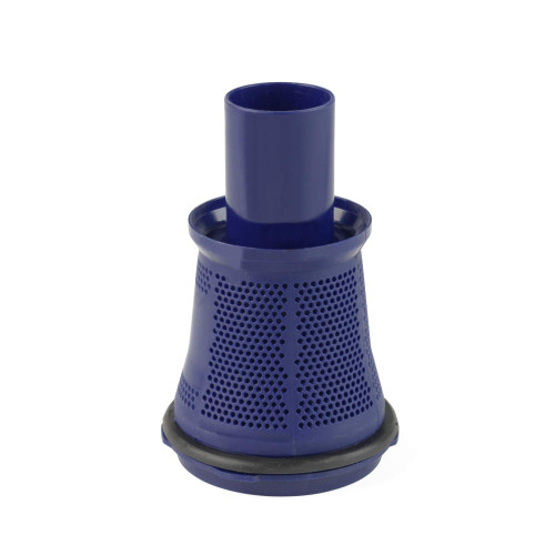 Blue plastic washing machine filter with mesh detail, shown upright on white background