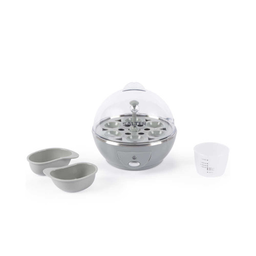 Grey electric egg cooker with clear lid, two poaching trays and measuring cup