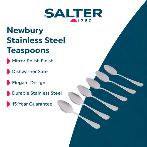 Six silver stainless steel teaspoons with mirror polish, shown as a product feature graphic.