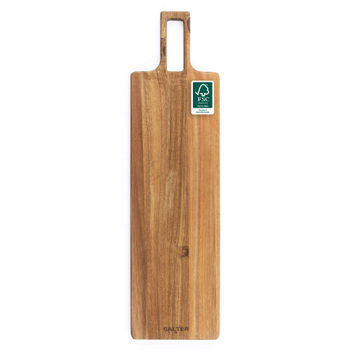 Long rectangular wooden serving board with handle and FSC certified label