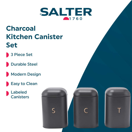 Set of three charcoal steel kitchen canisters with labeled lids for tea, coffee and sugar.