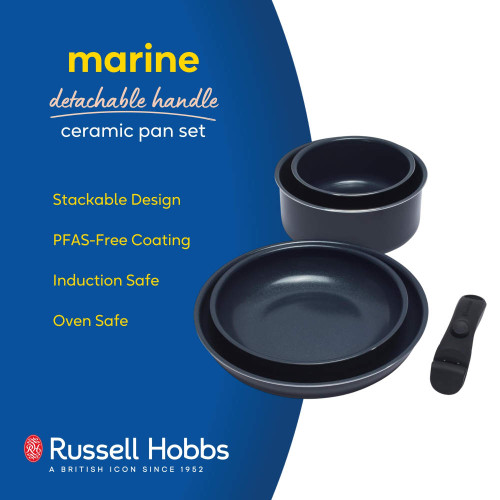 Russell Hobbs marine ceramic pan set with detachable handle, shown stacked, dark blue colour.