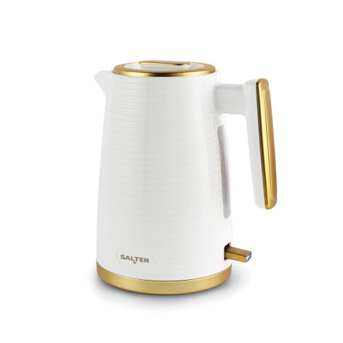 White and gold electric kettle, Salter brand, shown from side angle