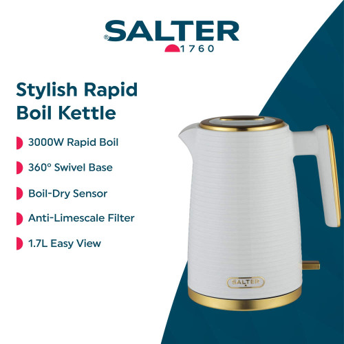 White and gold electric kettle with rapid boil, 1.7L capacity, by Salter.