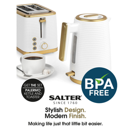 Salter Palermo Textured Kettle, Electric, Cordless, 3 KW Rapid Boil, 1.7 L, White and Gold  EK5031WHT 5054061424355 