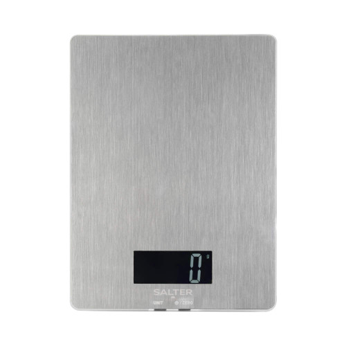 Silver digital kitchen scale with LCD screen, displaying zero grams
