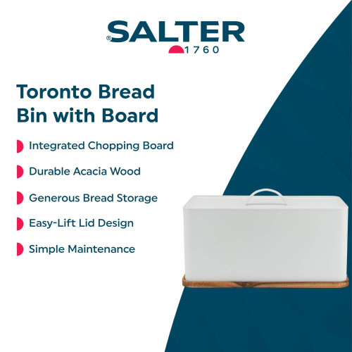 White bread bin with acacia wood board, easy-lift lid, shown on Toronto Bread Bin with Board product banner.