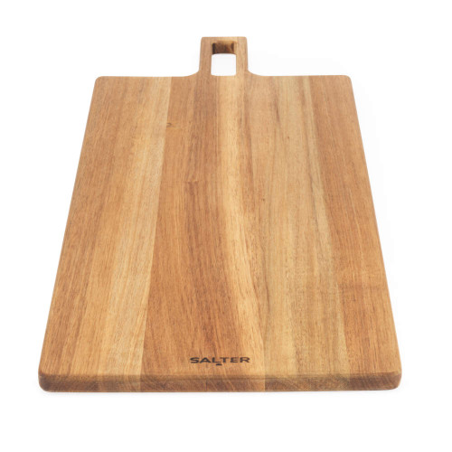 Rectangular brown wooden chopping board with handle, Salter branding