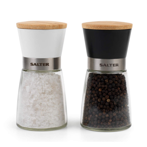 Set of Salter salt and pepper grinders with bamboo lids, black and white tops.