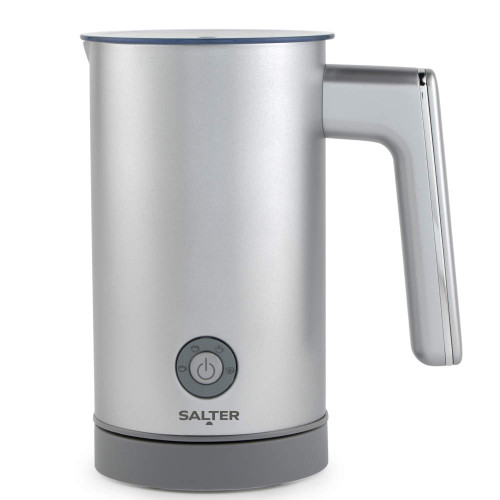 Silver electric milk frother with handle, Salter brand, shown on white background