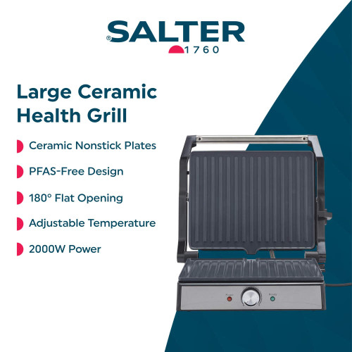 Salter large ceramic health grill, open with nonstick plates, PFAS-free, adjustable temperature