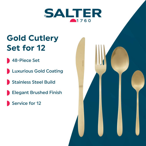Gold cutlery set for 12, 48 pieces with brushed gold finish by Salter, shown knife, fork, spoon, and teaspoon.