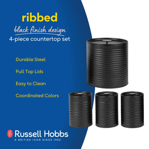 Banner showing Russell Hobbs 4-piece ribbed black steel countertop set with bread, sugar, tea and coffee canisters.