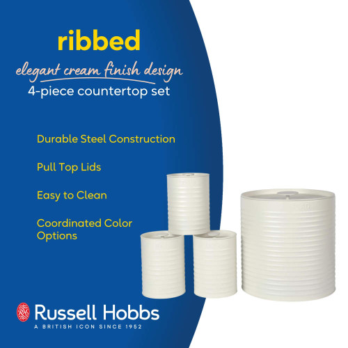 Cream ribbed 4-piece countertop storage set with pull top lids, Russell Hobbs.