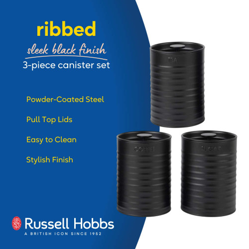 Set of three black ribbed steel canisters for tea, coffee, and sugar.